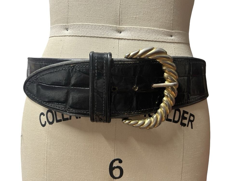 Vintage Wide Black Leather Belt Sz M Croc Embossed Twisted Buckle 2.5" wide